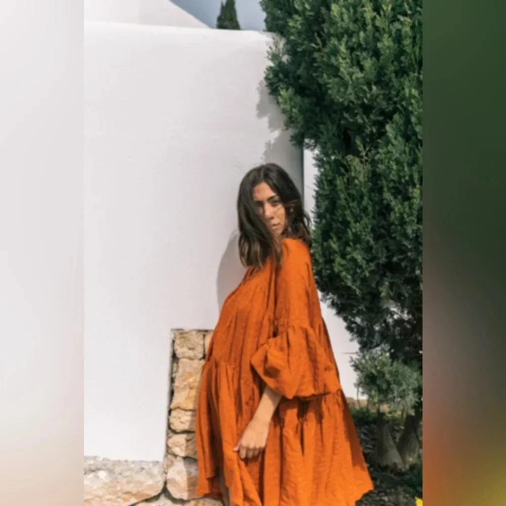 NEW A PERFECT NOMAD Symi Dress Trapez Organic Cotton Ochre Orange One Size - Picture 14 of 16
